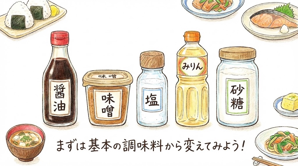 まずは毎日使う基本の調味料（醤油、味噌、塩、みりん、酒、砂糖）を無添加に変えてみましょう
