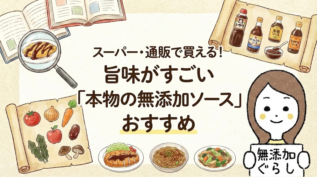 スーパー・通販で買える！旨味がすごい「本物の無添加ソース」おすすめ　のイラスト