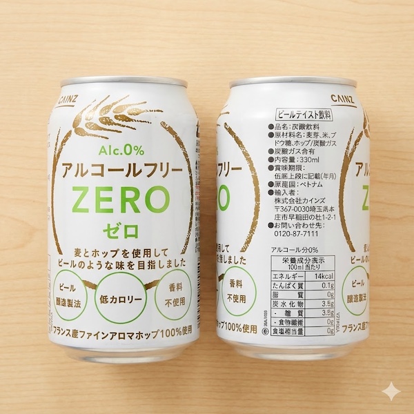 カインズ アルコールフリーのパッケージと原材料欄の写真