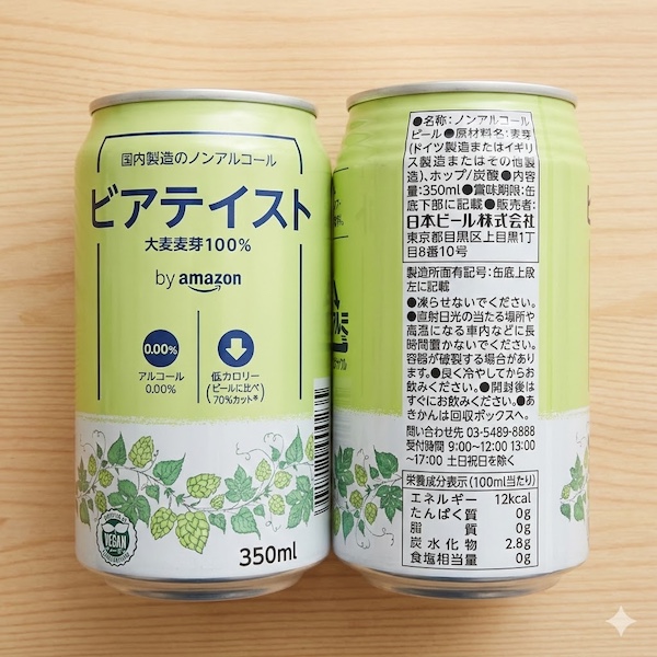 by Amazon ノンアルコールビール ビアテイストのパッケージと原材料欄の写真