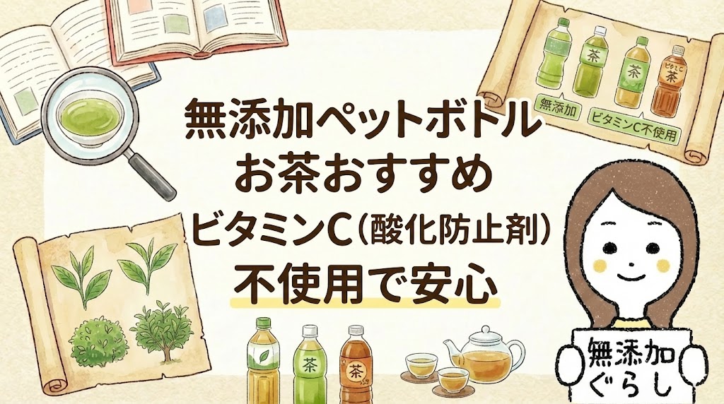 無添加ペットボトルお茶おすすめ　ビタミンC（酸化防止剤）不使用で安心　のイラスト