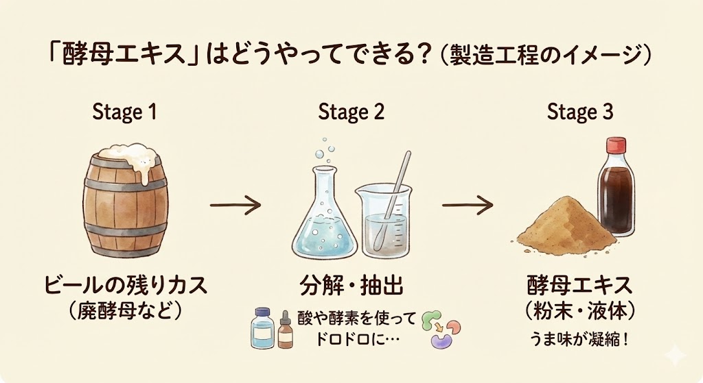 酵母エキスの製造工程の図解イラスト。ビールの残りカス(廃酵母)を塩酸で酸分解し、中和・ろ過を経て酵母エキス(うま味成分)が作られる流れを示している。