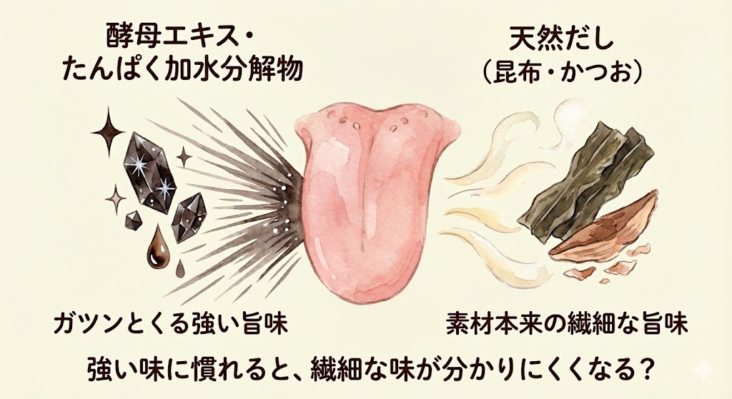 味覚への影響を比較したイラスト。左側は「酵母エキス・たんぱく加水分解物」による「ガツンとくる強い旨味」が舌を強く刺激している様子。右側は「天然だし(昆布・かつお)」による「素材本来の繊細な旨味」が優しく漂っている様子。「強い味に慣れると、繊細な味が分かりにくくなる?」という問いかけの文字がある。