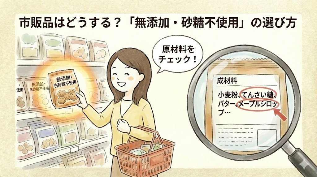市販品はどうする？「無添加・砂糖不使用」の選び方のイラスト