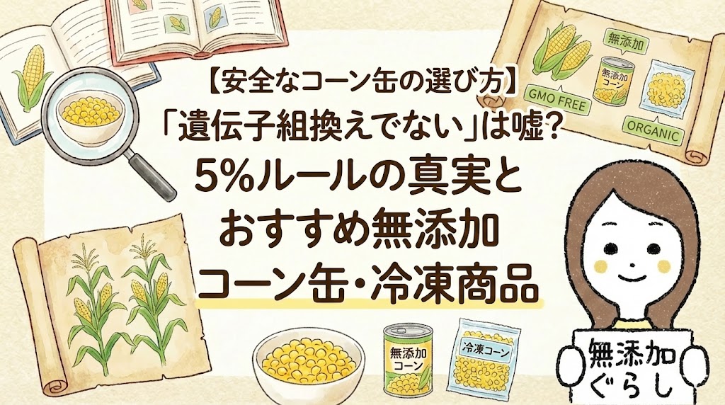 【安全なコーン缶の選び方】「遺伝子組換えでない」は嘘？5%ルールの真実とおすすめ無添加コーン缶・冷凍商品のイラスト