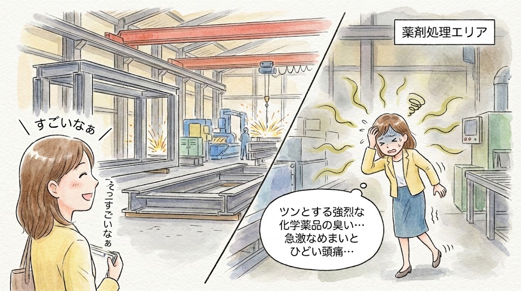 大手ハウスメーカー（鉄骨系）の工場見学に行った時に体調を崩したことを表現したイラスト