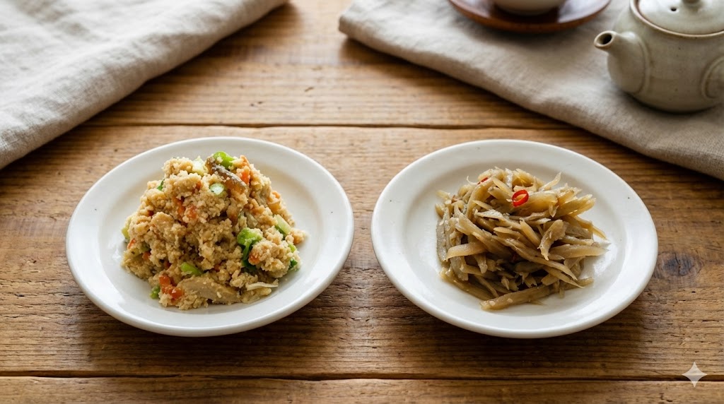 惣菜おかわりの初めてセットのきんぴらと卯の花の写真