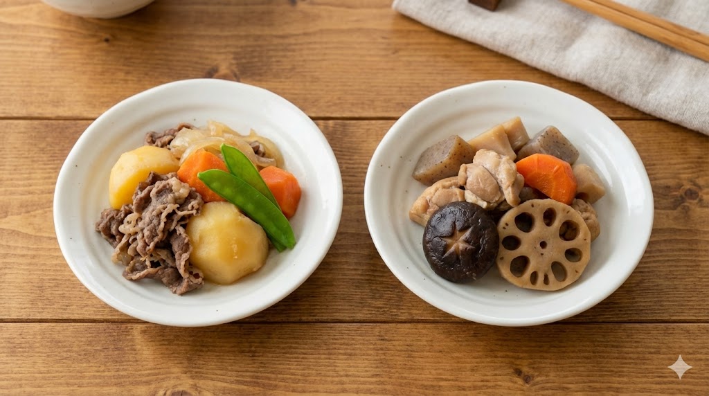 惣菜おかわりのはじめてセットの肉じゃがと筑前煮の写真