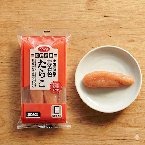 コープ(生協)国産素材 北海道近海産無着色たらこのパッケージと中身の写真