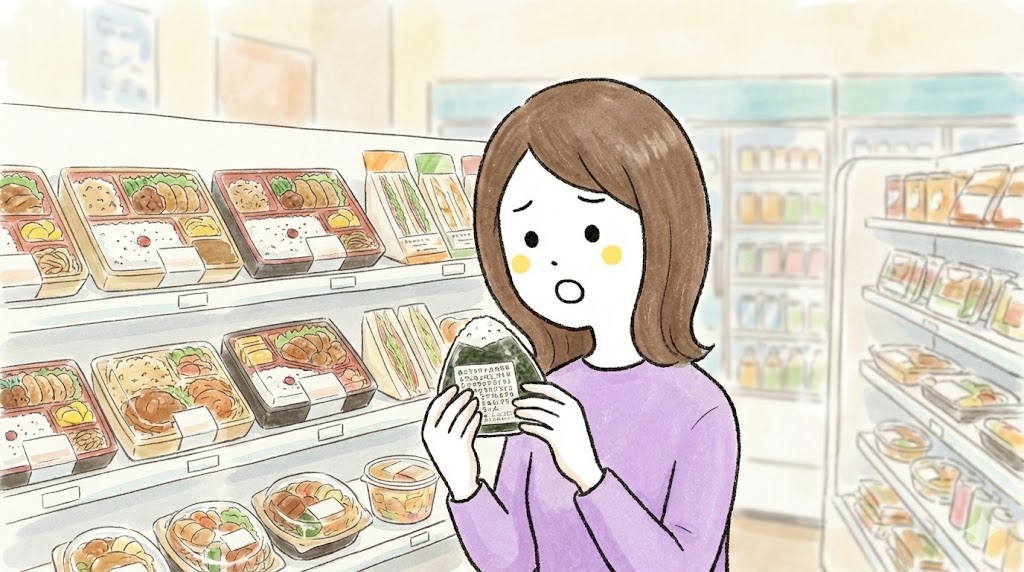 おにぎりの原材料欄を見て驚く姿