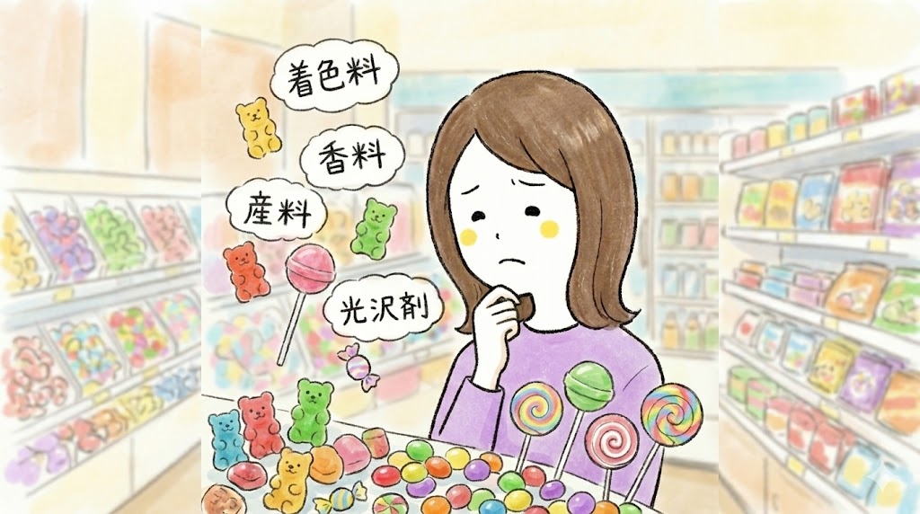 キャンディの原材料欄を見て驚く姿