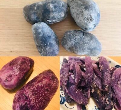 坂ノ途中の定期コースセットに入っていたシャドークイーン(紫のじゃがいも)の調理前の写真とフライドポテトにした写真