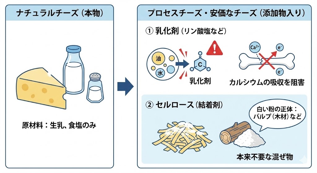 【基礎知識】なぜ危険？チーズに使われる添加物の正体のイラスト