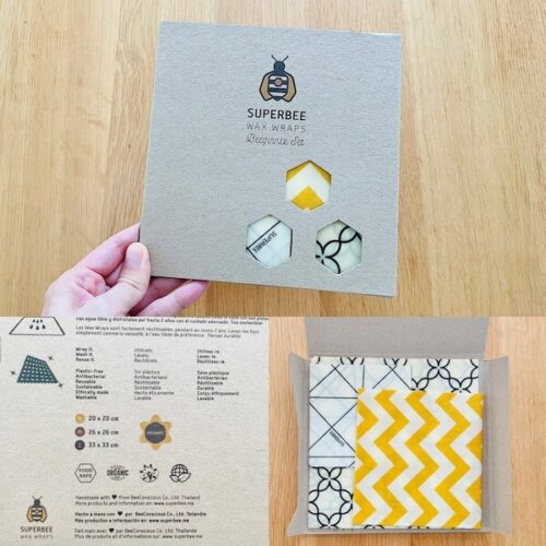 おすすめ無添加ラップ ミツロウラップ SUPERBEEのパッケージと原材料欄の写真