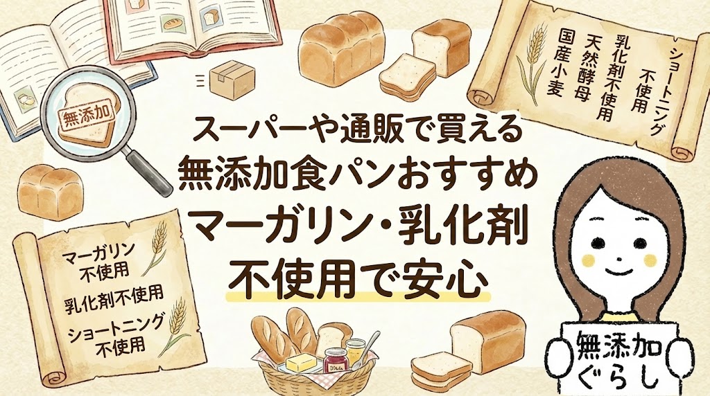 スーパーや通販で買える無添加食パンおすすめ　マーガリン・乳化剤不使用で安心 のイラスト