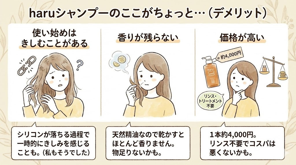 haruシャンプーのここがちょっと…(デメリット)のイラスト