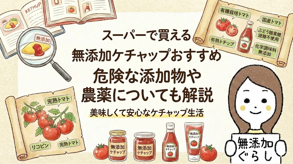 スーパーで買える無添加ケチャップおすすめ　危険な添加物や農薬についても解説　のイラスト