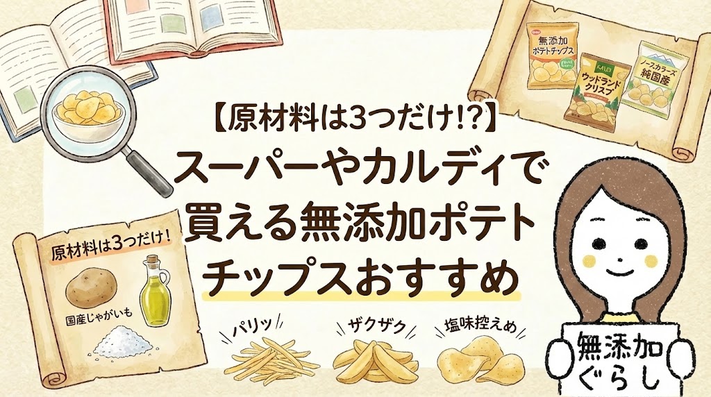 【原材料は3つだけ!?】 スーパーやカルディで買える無添加ポテトチップスおすすめ　のイラスト