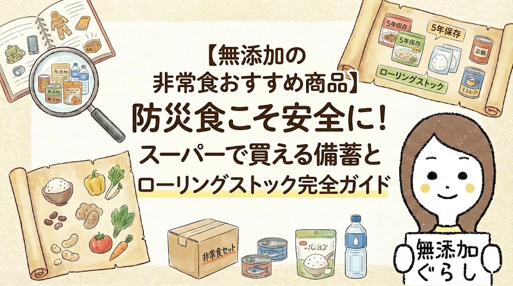 【無添加の非常食おすすめ商品】防災食こそ安全に！スーパーで買える備蓄とローリングストック完全ガイドのイラスト