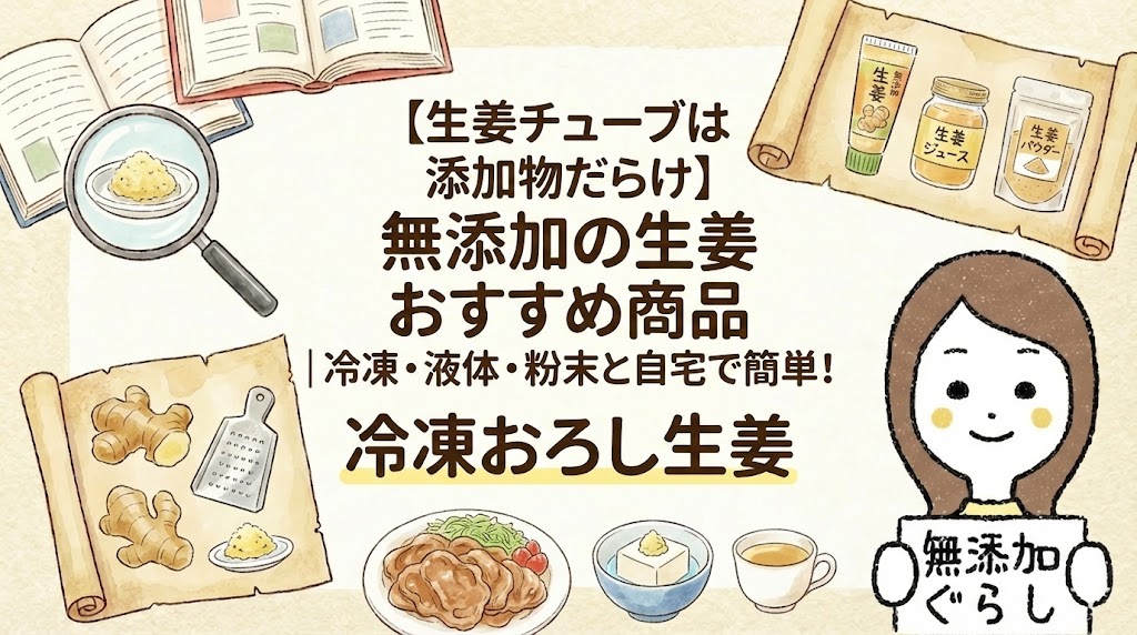 【生姜チューブは添加物だらけ】無添加のおすすめ7選｜冷凍・液体・粉末と自宅で簡単！冷凍おろし生姜　のイラスト