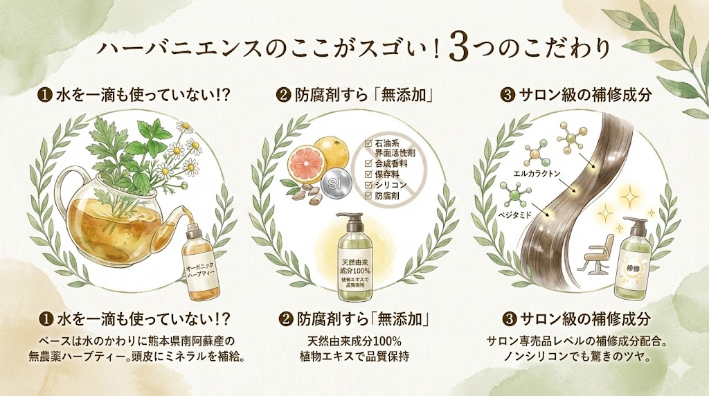 ハーバニエンスの3つのこだわりのイラスト