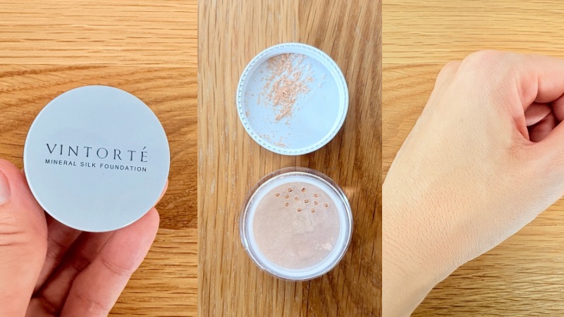 ヴァントルテのお試しセットのミネラルシルクファンデーションのパッケージと中身と手に塗ったところの写真