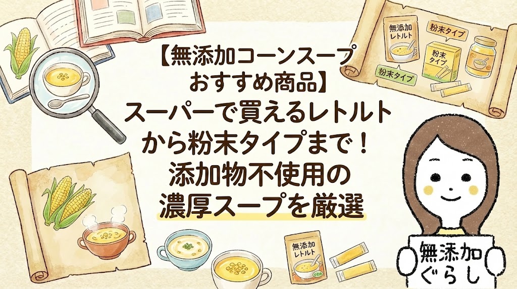 無添加コーンスープおすすめ商品】スーパーで買えるレトルトから粉末タイプまで！添加物不使用の濃厚スープを厳選のイラスト