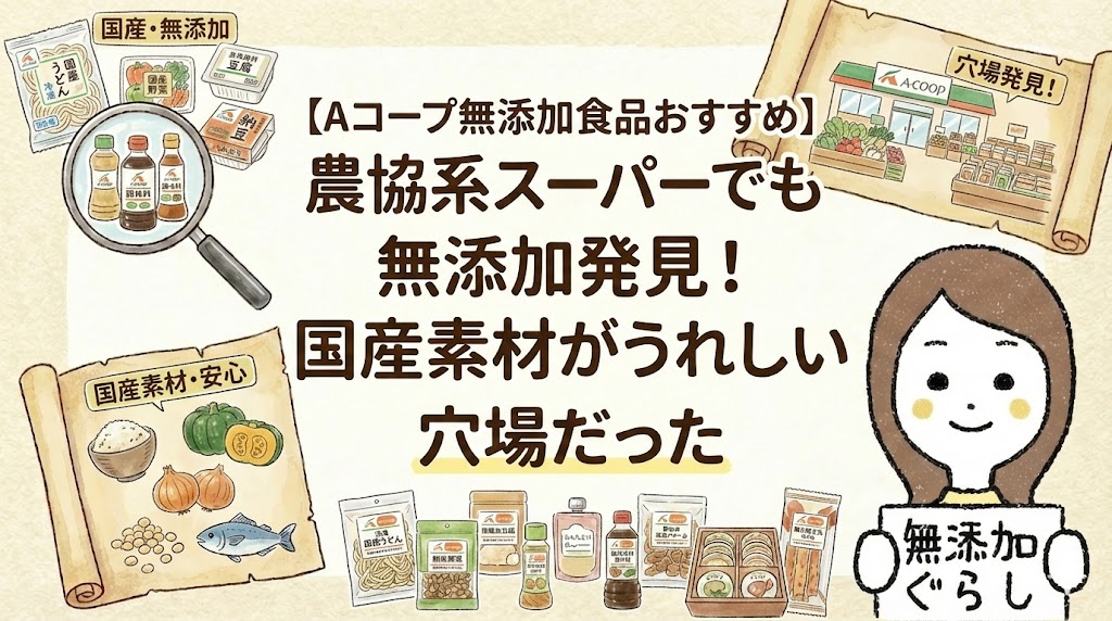 【Aコープ無添加食品おすすめ】農協系スーパーでも無添加発見！国産素材がうれしい穴場だったのイラスト