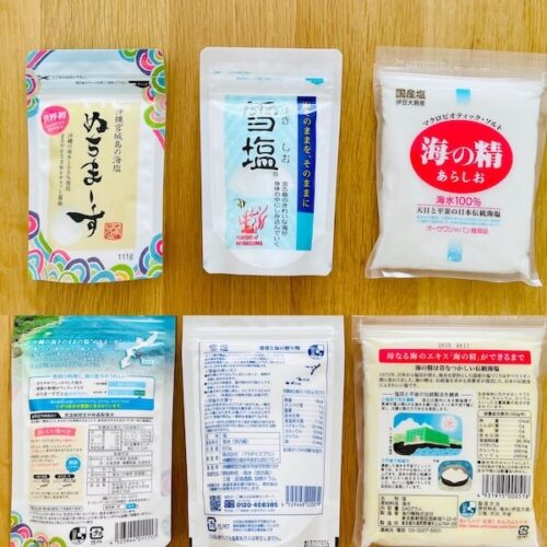 雪塩・ぬちまーす・海の精のパッケージと原材料欄の写真