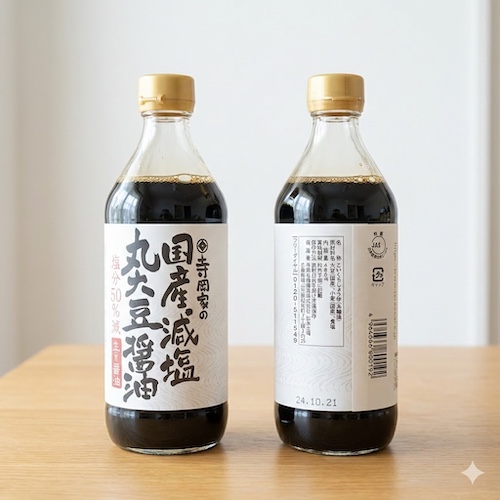 寺岡屋の減塩醤油のパッケージと原材料欄の写真
