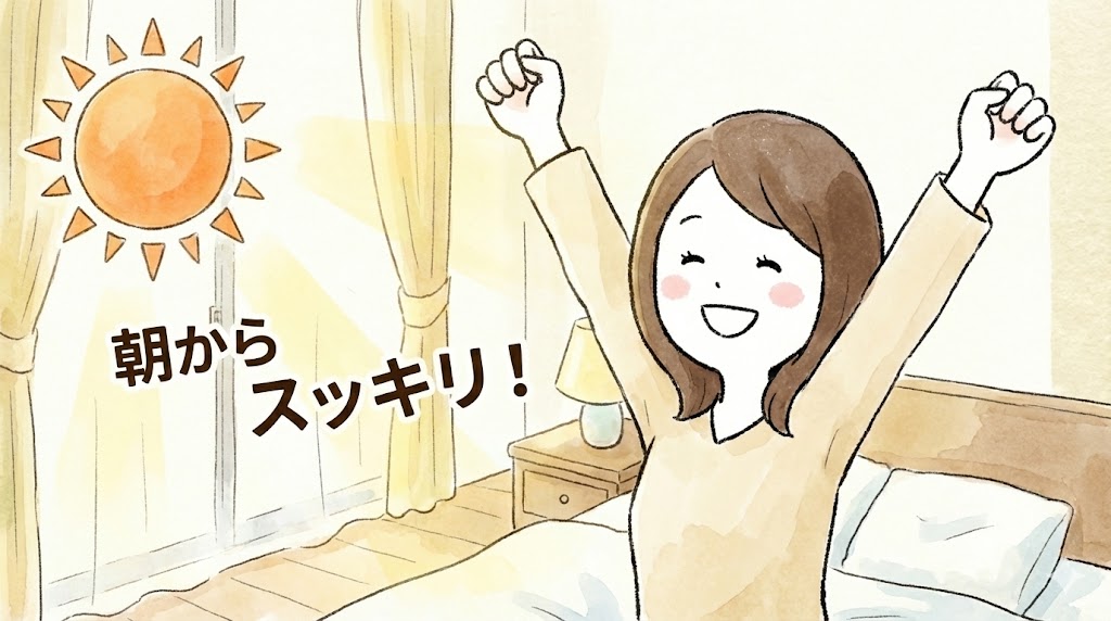 レピールまめ鉄を飲んでスッキリ起きる女性