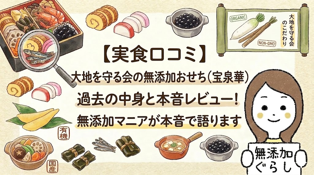 【実食口コミ】大地を守る会の無添加おせち（宝泉華）過去の中身と本音レビュー！　のイラスト