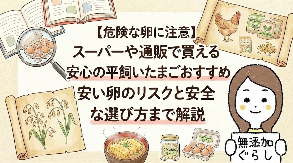 【危険な卵に注意】スーパーや通販で買える安心の平飼いたまごおすすめ　安い卵のリスクと安全な選び方まで解説　のイラスト