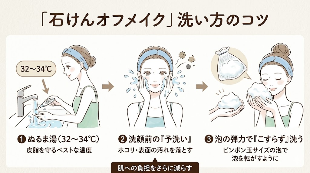 石けんオフメイクを成功させる「洗い方のコツ」のイラスト