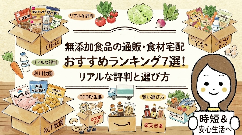 無添加食品の通販・食材宅配おすすめランキング7選！リアルな評判と選び方　のイラスト