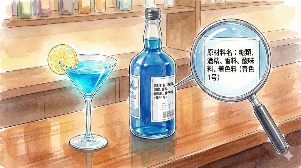 カクテルに使用されるリキュールに含まれる添加物「青色1号」のイラスト