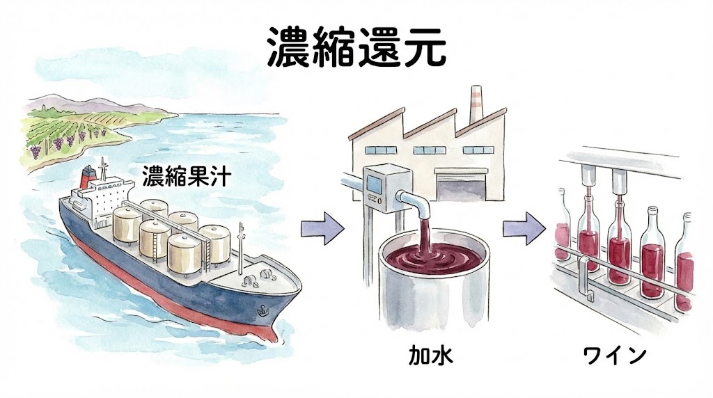 ワインの葡萄果汁の濃色還元の過程を表現したイラスト