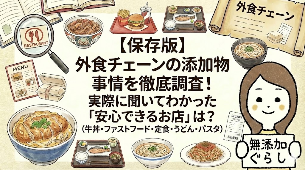 【保存版】外食チェーンの添加物事情を徹底調査！実際に聞いてわかった「安心できるお店」は？（牛丼・ファストフード・定食・うどん・パスタ）のイラスト