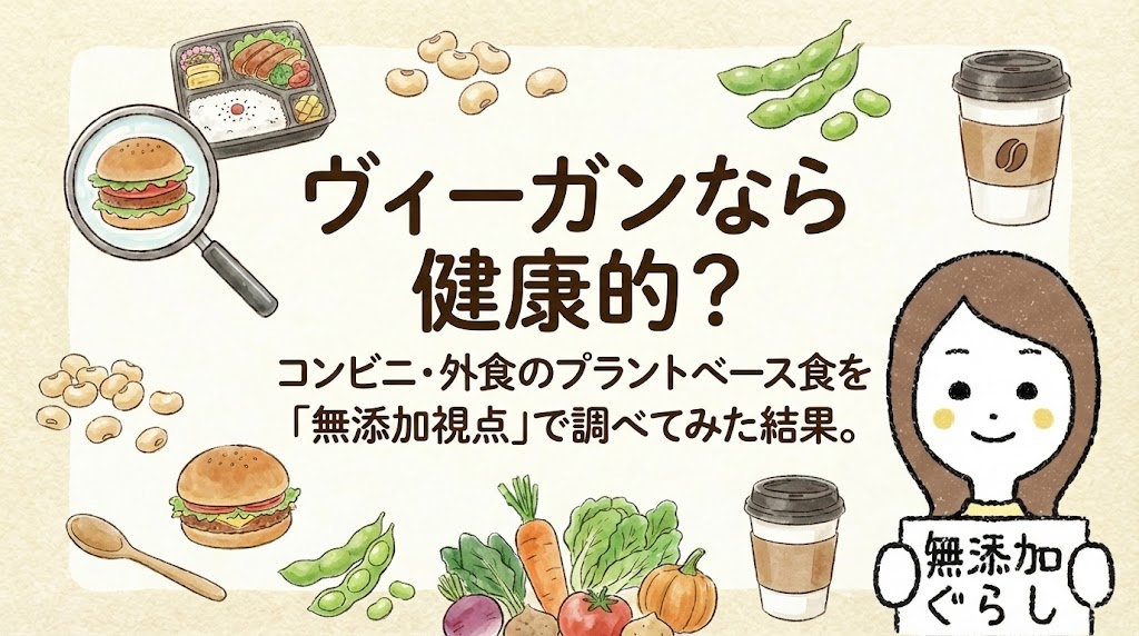 ヴィーガンなら健康的？コンビニ・外食のプラントベース食を「無添加視点」で調べてみた結果。のイラスト