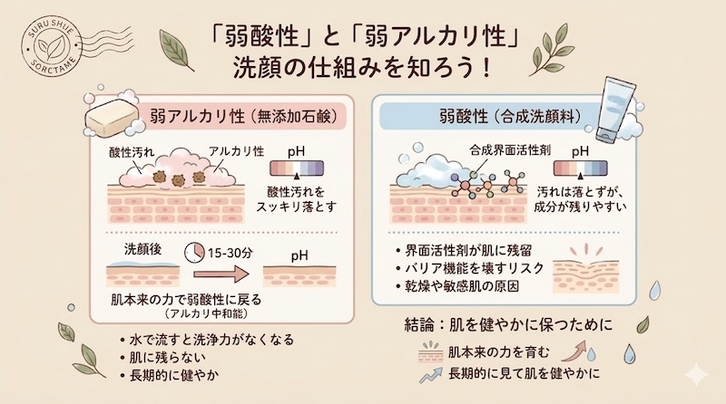 弱アルカリ性と弱酸性の洗顔成分の説明のイラスト