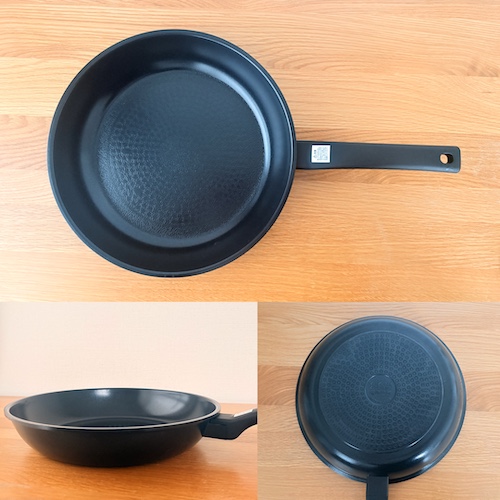 翡翠（ヒスイ）ブラック フライパン28㎝の真上からと横から、背面から撮った写真