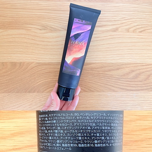 HANAオーガニック カラーコンディショナー アッシュブラウンのパッケージと原材料欄の写真