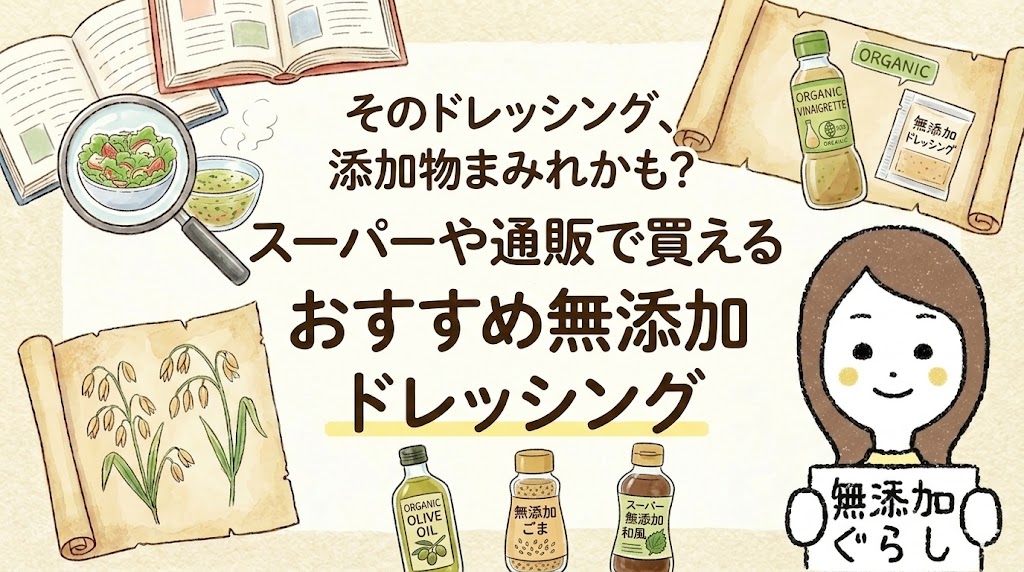 そのドレッシング、添加物まみれかも？スーパーや通販で買えるおすすめ無添加ドレッシング　のイラスト