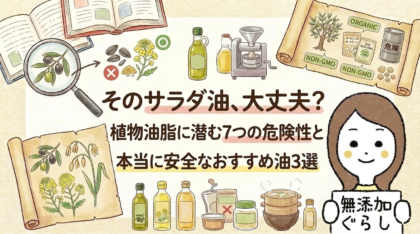 そのサラダ油、大丈夫？植物油脂に潜む7つの危険性と本当に安全なおすすめ油3選　のイラスト