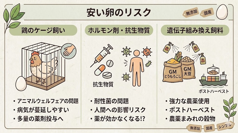安い卵のリスクをイラスト化して説明したもの