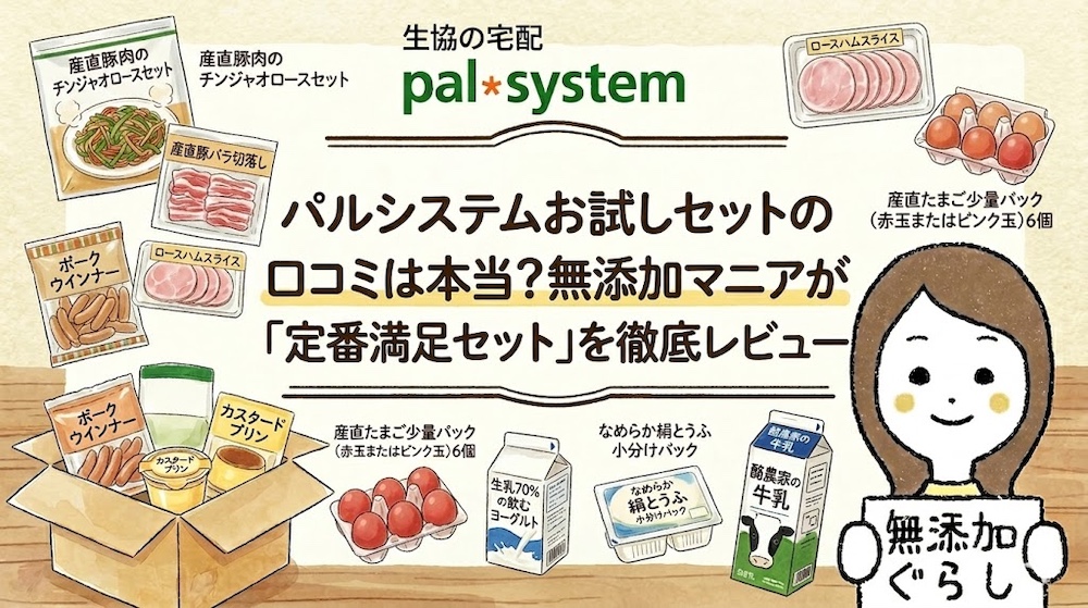 パルシステムお試しセットの口コミは本当？無添加マニアが「定番満足セット」を徹底レビュー　のイラスト