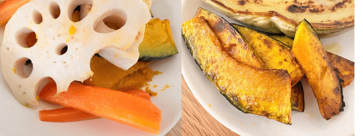 らでぃっしゅぼーやのお試しセットに入っていた、れんこんとにんじんとかぼちゃを焼いたところの写真