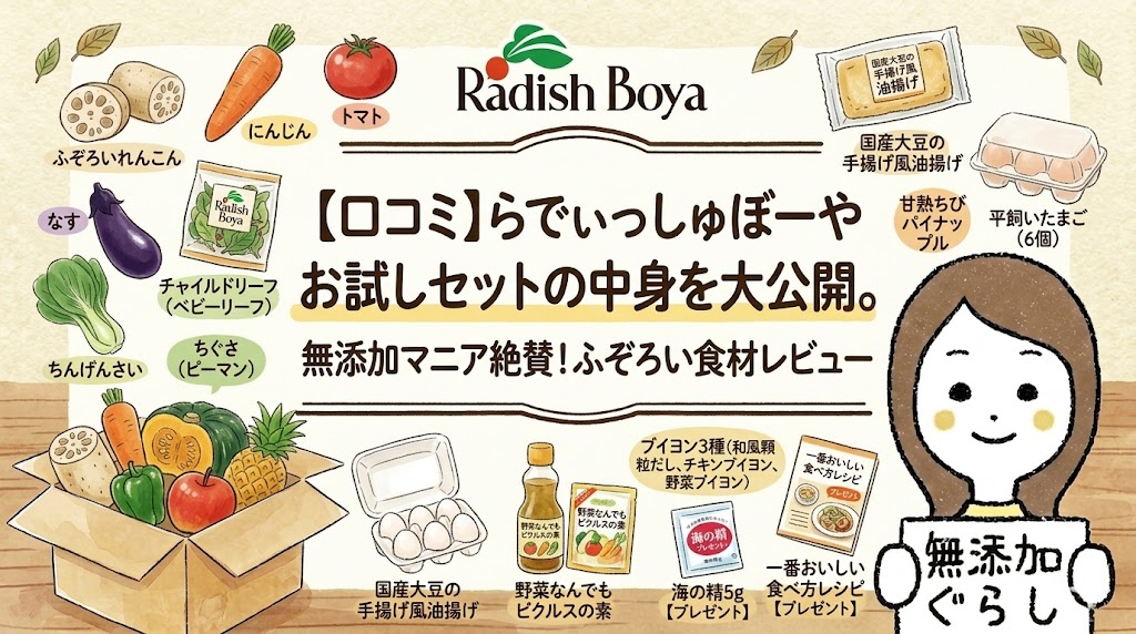 【口コミ】らでぃっしゅぼーやお試しセットの中身を大公開。無添加マニア絶賛！ふぞろい食材レビューのイラスト