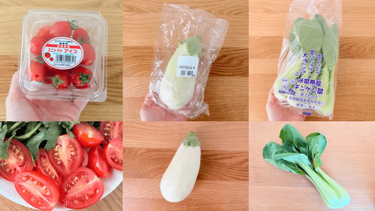 らでぃっしゅぼーやのお試しセットに入っていた彩り野菜(トマト、なす、ちんげんさい)の袋に入ったところと取り出して調理する前の写真